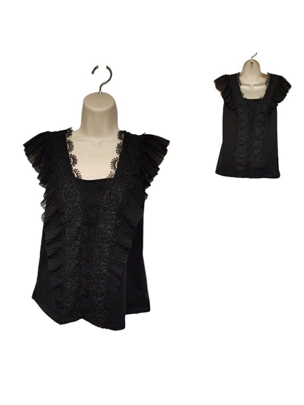 Marc New York Black Lace Ruffle Square Neck Blouse Medium